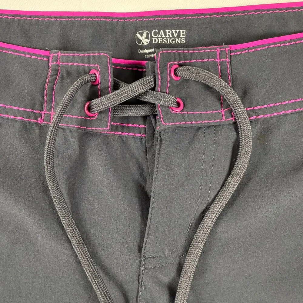 Carve Designs Women's Board Shorts Gray Pink Trim Lace Up Swim Shorts Size M